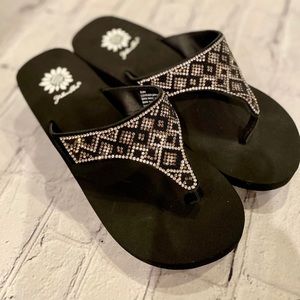 Yellow Box Wedge Sandal / Flip Flops - Rhinestone